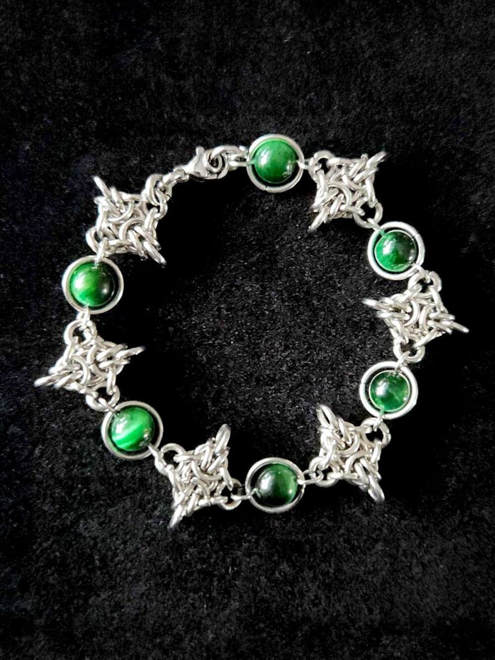 Gothic silver stainless steel and green tiger eyes chainmail bracelet